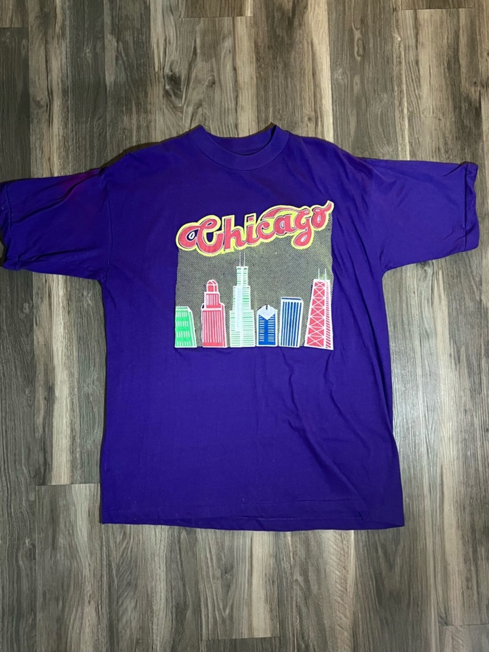Vintage 80s Chicago Illinois City Skyline Puff Print Graphic T-shirt Size Large
